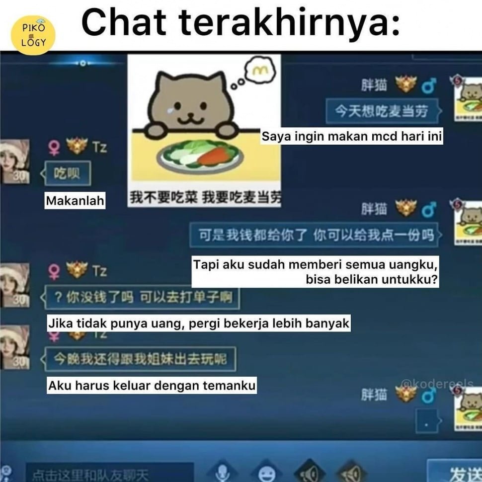 Tangkapan layar diduga chat terakhir Fat Cat dengan Tan Zhu. (Instagram/@pikology)