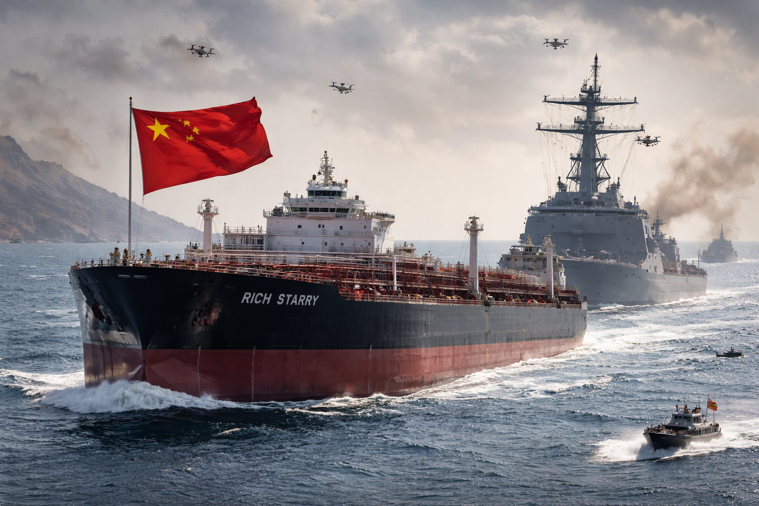 Kapal tanker China Rich Starry melintasi Selat Hormuz di tengah blokade militer Amerika Serikat dan ketegangan geopolitik Timur Tengah.