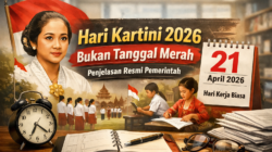 Ilustrasi Hari Kartini 2026 bukan tanggal merah dengan gambar Raden Ajeng Kartini, kalender 21 April 2026 hari kerja biasa, serta suasana sekolah dan kantor di Indonesia.