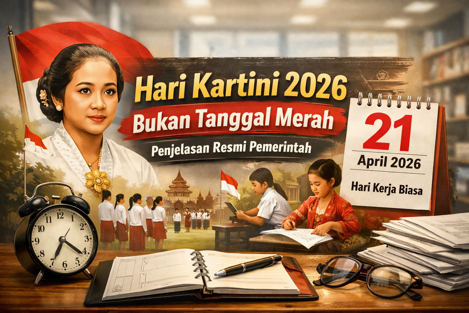 Ilustrasi Hari Kartini 2026 bukan tanggal merah dengan gambar Raden Ajeng Kartini, kalender 21 April 2026 hari kerja biasa, serta suasana sekolah dan kantor di Indonesia.