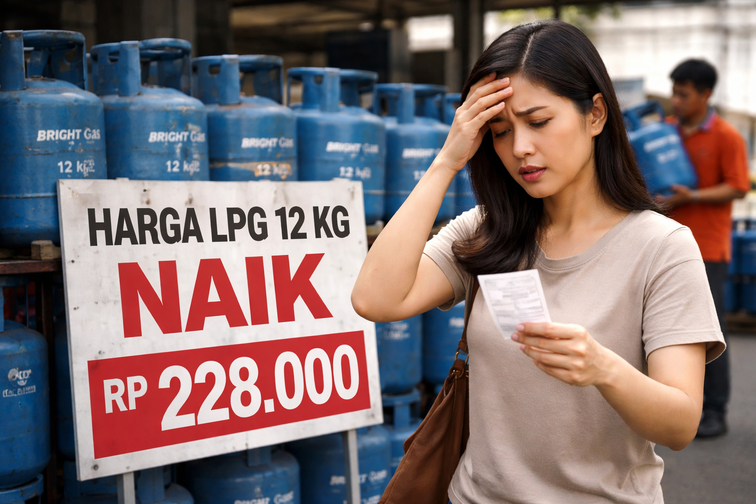 Seorang perempuan terlihat kaget melihat struk harga elpiji 12 kg di depan tumpukan tabung gas dengan papan informasi kenaikan harga Rp 228.000.