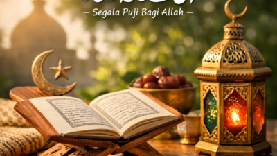 Ilustrasi Al-Qur’an terbuka di atas rehal dengan tasbih, lentera, dan tulisan Alhamdulillah sebagai simbol rasa syukur dalam Islam