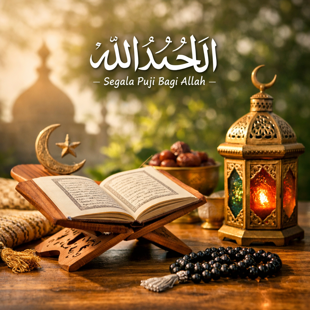 Ilustrasi Al-Qur’an terbuka di atas rehal dengan tasbih, lentera, dan tulisan Alhamdulillah sebagai simbol rasa syukur dalam Islam