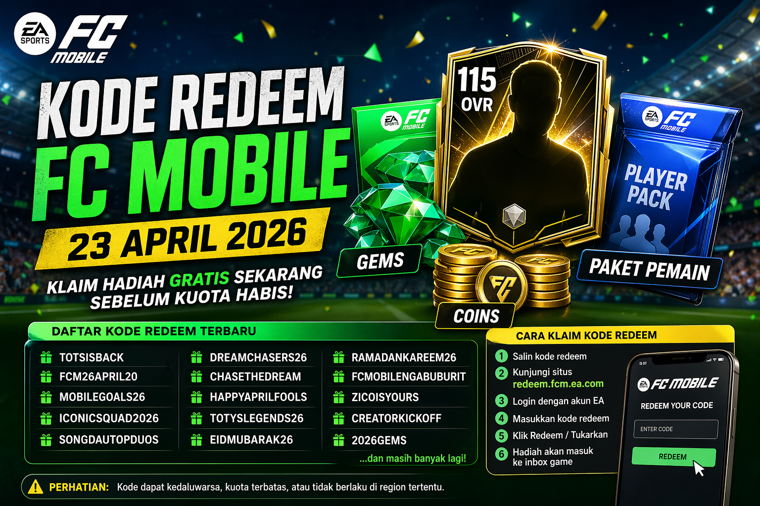 Deretan kode redeem terbaru EA Sports FC Mobile hari ini menghadirkan peluang emas bagi pemain untuk mendapatkan hadiah gratis seperti Gems, kartu OVR tinggi, dan paket pemain—klaim sekarang sebelum kuota habis.