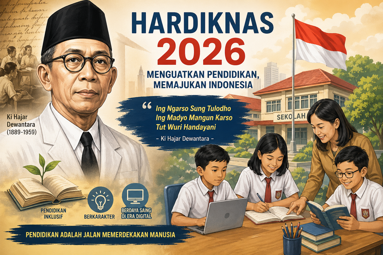 Ilustrasi Hari Pendidikan Nasional 2026 menampilkan Ki Hajar Dewantara, siswa belajar di kelas, dan guru membimbing dengan latar bendera Indonesia serta sekolah.