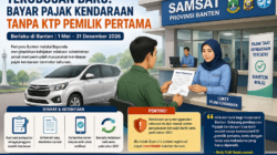 Ilustrasi warga membayar pajak kendaraan di Samsat Banten tanpa KTP pemilik pertama dengan petugas melayani di loket