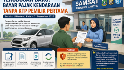 Ilustrasi warga membayar pajak kendaraan di Samsat Banten tanpa KTP pemilik pertama dengan petugas melayani di loket