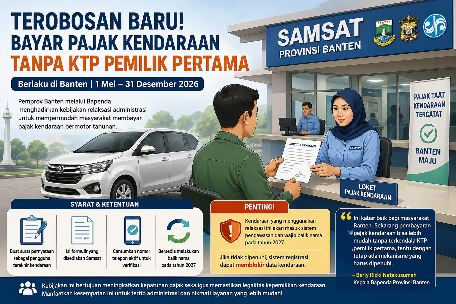 Ilustrasi warga membayar pajak kendaraan di Samsat Banten tanpa KTP pemilik pertama dengan petugas melayani di loket