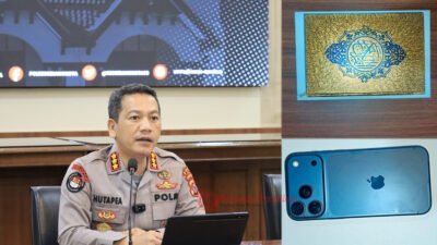 Humas Polda Banten menunjukkan barang bukti kasus penistaan agama di Lebak berupa handphone dan Al-Qur’an