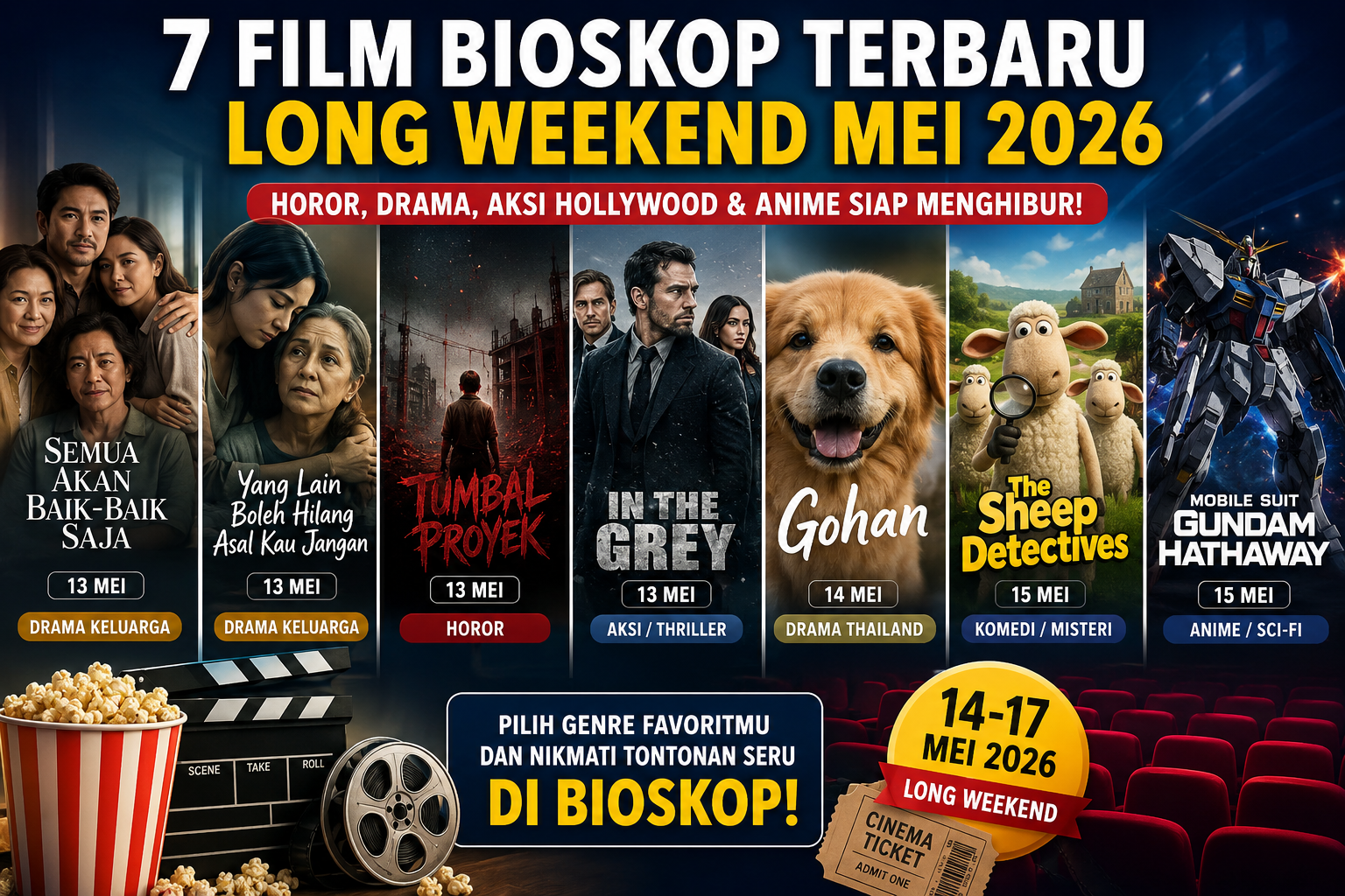 Ilustrasi deretan film bioskop terbaru long weekend Mei 2026, termasuk Tumbal Proyek, In the Grey, Gohan, dan Mobile Suit Gundam Hathaway.
