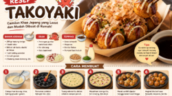 Ilustrasi takoyaki rumahan lengkap dengan bahan, cara membuat, dan topping khas Jepang seperti saus takoyaki, mayones, bonito flakes, dan rumput laut bubuk.