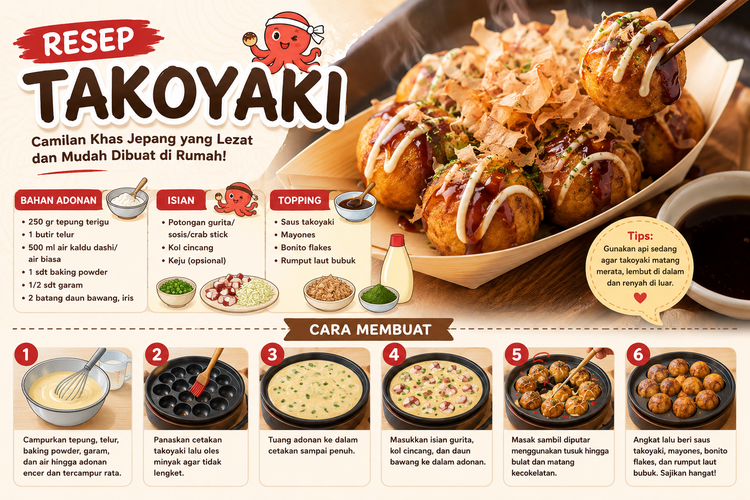 Ilustrasi takoyaki rumahan lengkap dengan bahan, cara membuat, dan topping khas Jepang seperti saus takoyaki, mayones, bonito flakes, dan rumput laut bubuk.