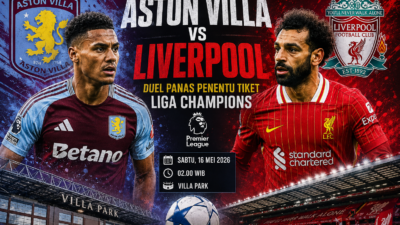 Ilustrasi pemain Aston Villa dan Liverpool dalam laga panas Liga Inggris di Villa Park untuk perebutan tiket Liga Champions musim 2025/2026.