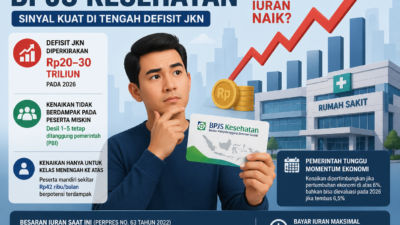 Ilustrasi warga memegang kartu BPJS Kesehatan dengan grafik kenaikan biaya di latar belakang, menggambarkan rencana kenaikan iuran BPJS 2026 akibat defisit JKN