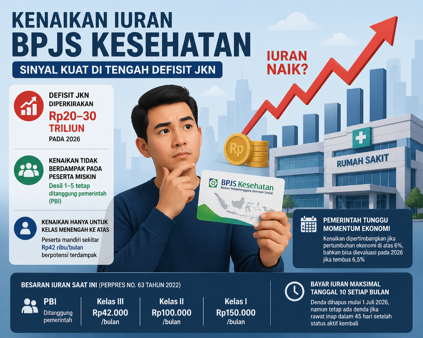Ilustrasi warga memegang kartu BPJS Kesehatan dengan grafik kenaikan biaya di latar belakang, menggambarkan rencana kenaikan iuran BPJS 2026 akibat defisit JKN