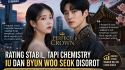 Poster ilustrasi drama Korea Perfect Crown menampilkan IU dan Byun Woo Seok dengan latar gabungan kota modern dan arsitektur tradisional Korea, menggambarkan tema sageuk modern dengan sorotan pada rating stabil dan kritik penonton.
