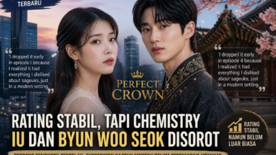 Poster ilustrasi drama Korea Perfect Crown menampilkan IU dan Byun Woo Seok dengan latar gabungan kota modern dan arsitektur tradisional Korea, menggambarkan tema sageuk modern dengan sorotan pada rating stabil dan kritik penonton.