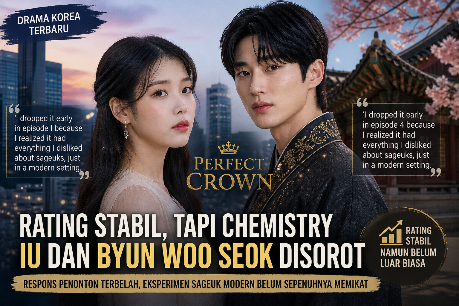 Poster ilustrasi drama Korea Perfect Crown menampilkan IU dan Byun Woo Seok dengan latar gabungan kota modern dan arsitektur tradisional Korea, menggambarkan tema sageuk modern dengan sorotan pada rating stabil dan kritik penonton.