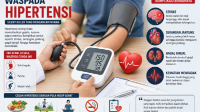 Ilustrasi pemeriksaan tekanan darah pada pasien hipertensi dengan informasi bahaya komplikasi seperti stroke, serangan jantung, gagal ginjal, dan kematian mendadak.
