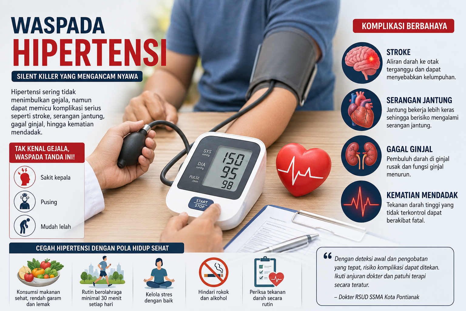 Ilustrasi pemeriksaan tekanan darah pada pasien hipertensi dengan informasi bahaya komplikasi seperti stroke, serangan jantung, gagal ginjal, dan kematian mendadak.