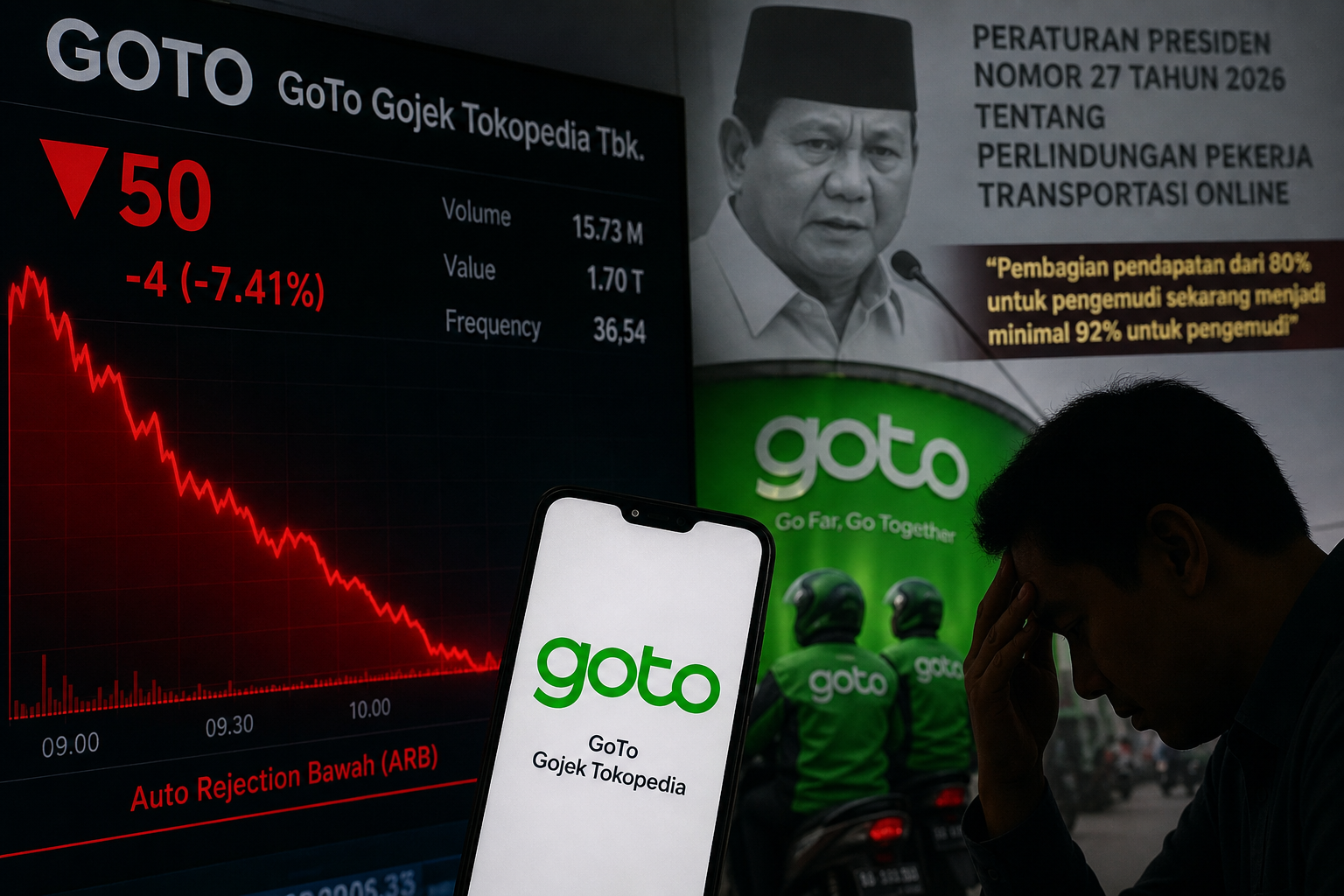 Grafik saham GOTO turun tajam ke ARB dengan latar kebijakan Prabowo tentang pembagian pendapatan driver transportasi online 92 persen
