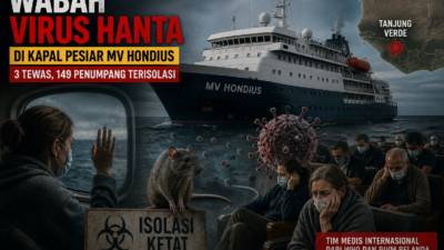 Ilustrasi kapal pesiar MV Hondius di tengah laut dengan suasana tegang, penumpang memakai masker dalam isolasi kabin, serta visual virus Hanta dan tikus sebagai sumber wabah.
