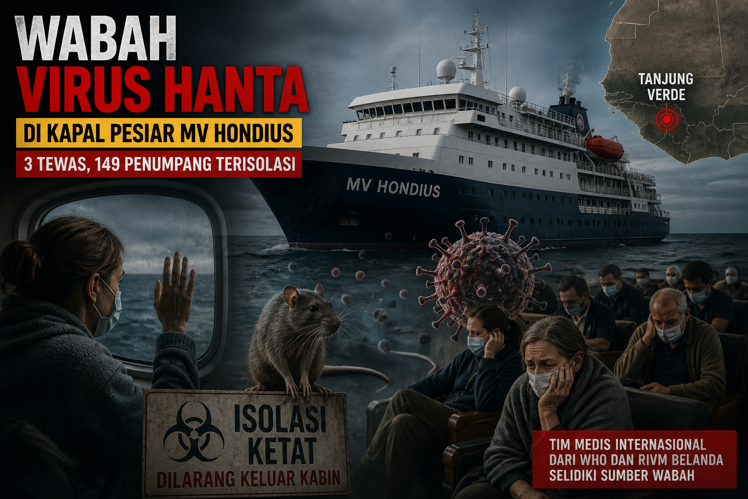 Ilustrasi kapal pesiar MV Hondius di tengah laut dengan suasana tegang, penumpang memakai masker dalam isolasi kabin, serta visual virus Hanta dan tikus sebagai sumber wabah.
