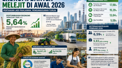 Infografis ekonomi Banten triwulan I 2026 menunjukkan pertumbuhan 5,64 persen, didorong sektor pertanian, industri, serta penurunan pengangguran