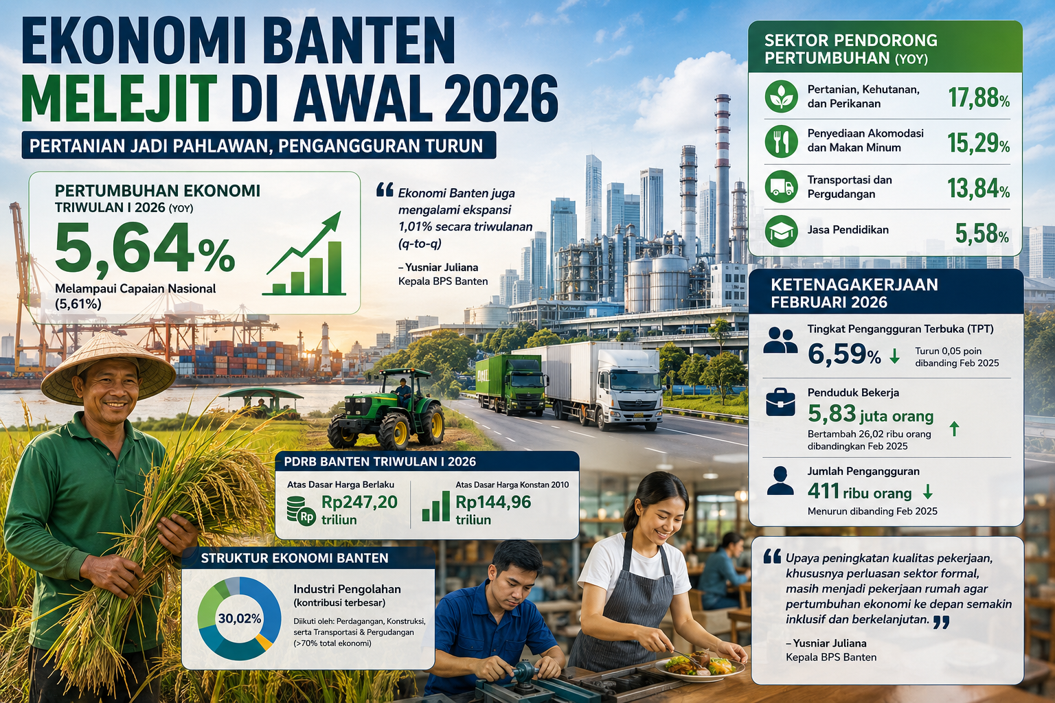 Infografis ekonomi Banten triwulan I 2026 menunjukkan pertumbuhan 5,64 persen, didorong sektor pertanian, industri, serta penurunan pengangguran