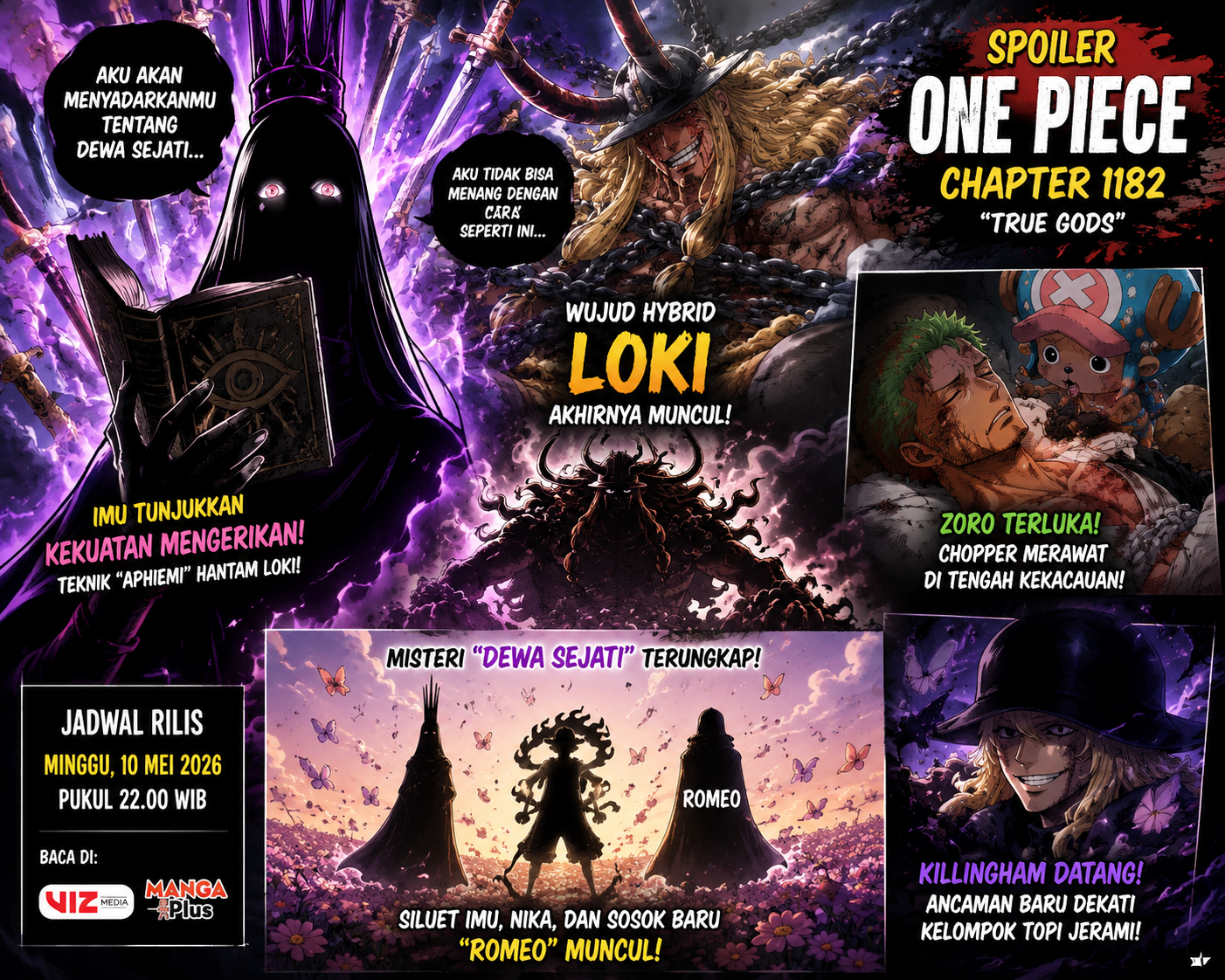 Ilustrasi spoiler One Piece chapter 1182 menampilkan Imu dengan kekuatan misterius, Loki dalam wujud hybrid, Zoro terluka, serta kemunculan misteri Dewa Sejati di Elbaf.