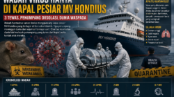 Ilustrasi wabah virus Hanta varian Andes di kapal pesiar MV Hondius dengan petugas hazmat mengevakuasi pasien, kapal di tengah laut, serta kronologi penyebaran wabah yang menewaskan tiga penumpang.