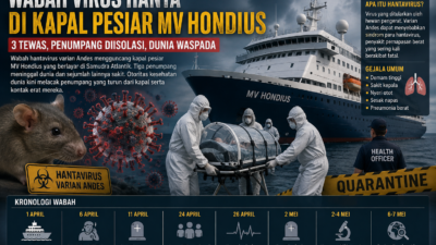 Ilustrasi wabah virus Hanta varian Andes di kapal pesiar MV Hondius dengan petugas hazmat mengevakuasi pasien, kapal di tengah laut, serta kronologi penyebaran wabah yang menewaskan tiga penumpang.