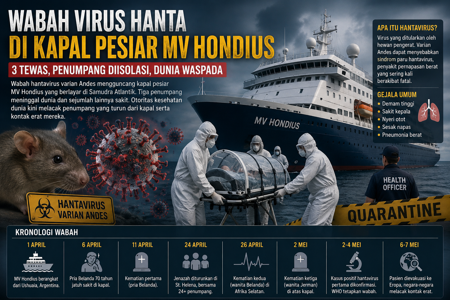 Ilustrasi wabah virus Hanta varian Andes di kapal pesiar MV Hondius dengan petugas hazmat mengevakuasi pasien, kapal di tengah laut, serta kronologi penyebaran wabah yang menewaskan tiga penumpang.