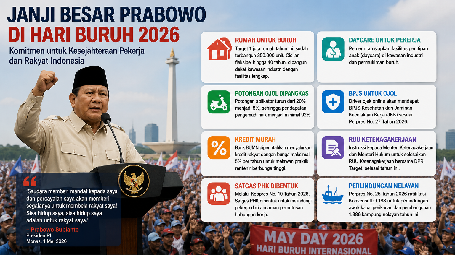 Presiden Prabowo Subianto menyampaikan janji untuk buruh dalam peringatan Hari Buruh 2026 di Monas, Jakarta.