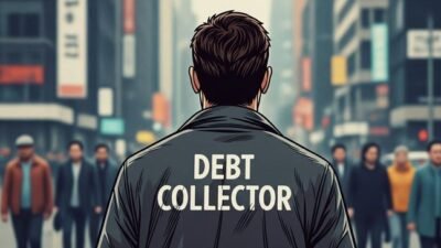 Ilustrasi Seseorang Memakai Jacket Hitam Bertuliskan Debt Collector